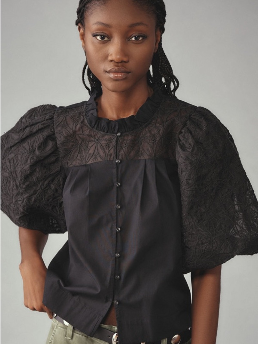 Anthropologie MAEVE Embroidered Puff Sleeve Button Front Blouse